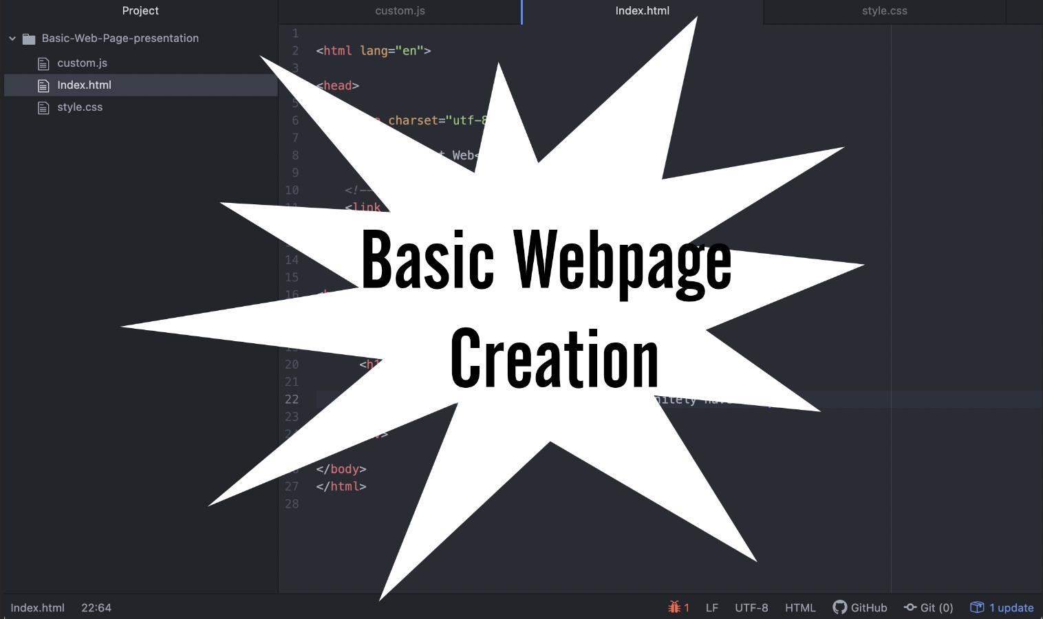 Code in background with the words 'Basic Web Page Creation' exploding out of the center