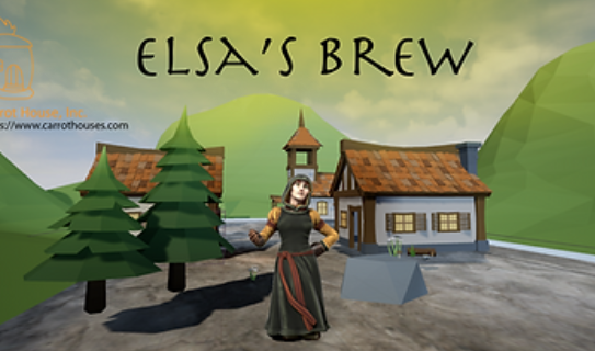 A screenshot from the virtual reality game Elsa's Brew, a woman gesturing to a village behind her.